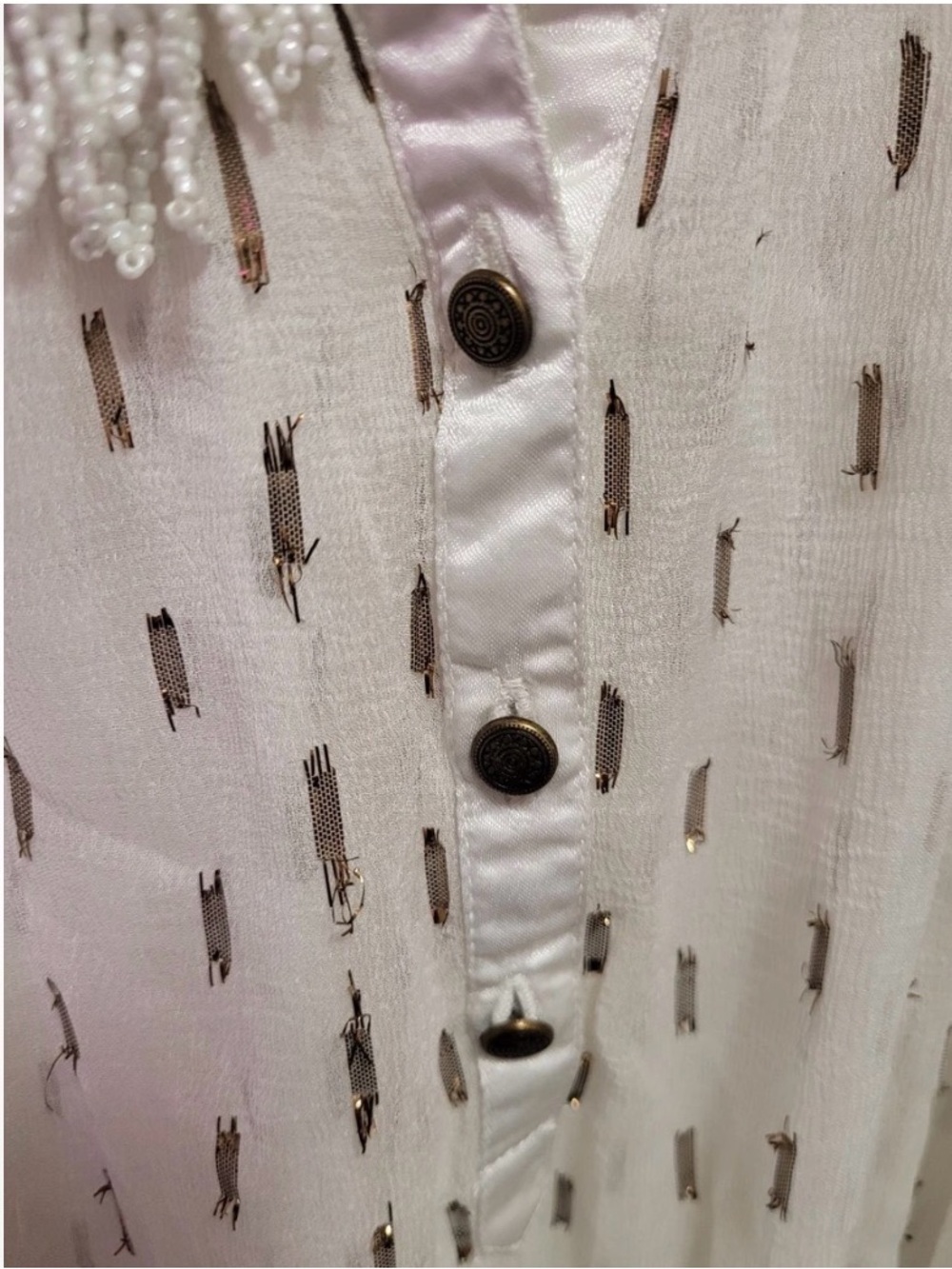 Aratta Sheer White & GoldLong-Sleeve Blouse - with Beaded Tassel Tie. Sz M - Picture 5 of 5